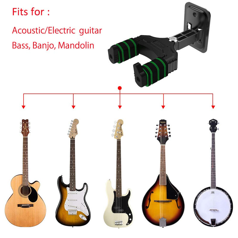 Rayzm Guitar Hanger, Right or Left Facing Guitar Rack Keeper for Flat Wall Mount, Sturdy Metal Bracket Hook Holder for Acoustic/Electric/Bass Guitars, Mandolin & Banjo, No Auto-Lock (M) for Guitar