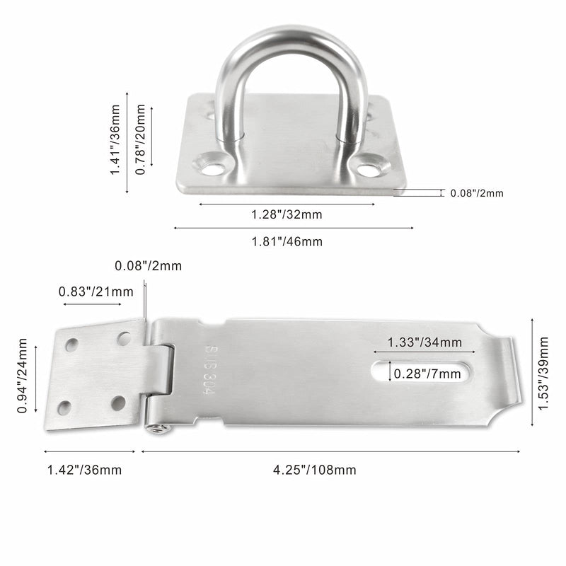 Safety Door Hasp Padlock Latch Lock,SUS 304 High-Quality Polished Brushed Surface,Hasp Lock Latch(4"/108cm) Thicken HaspLock Suitable for Doors,Sheds,Closets,Lockers(4"Hasp-Silver) 4"(Hasp Silver)
