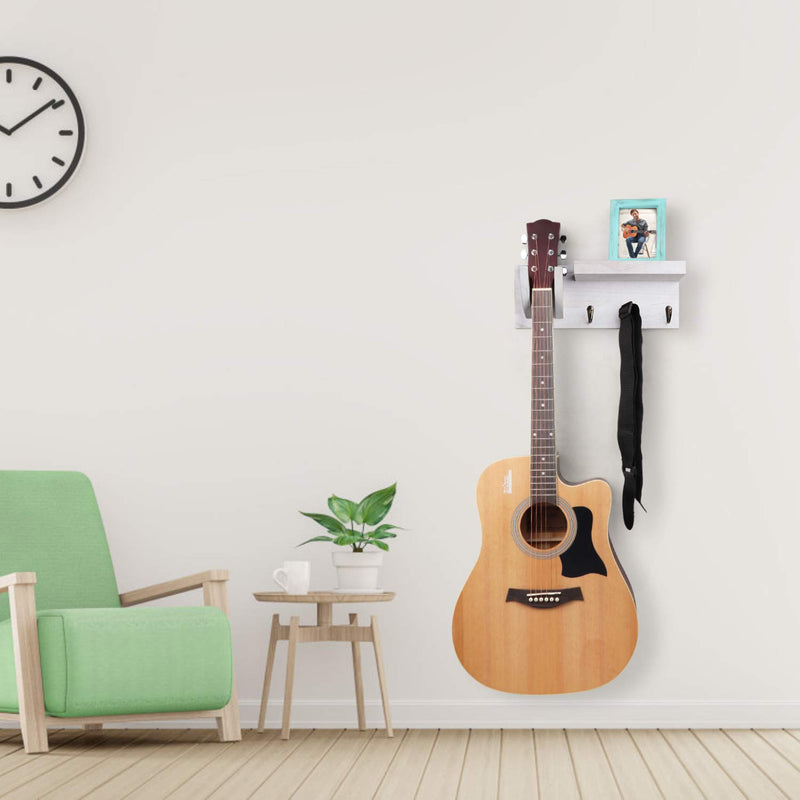 Bikoney Guitar Holder Wall Mount Bracket Hanger Guitar Wood Hanging Rack with Pick Holder and 3 Hook Vintage White