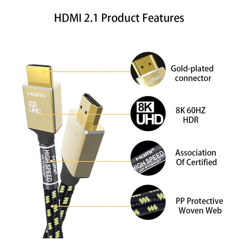 8K HDMI Cable 6ft,Toptrend HDMI Cord 2.1 High Speed 48Gbps,HDR, HDCP, 3D, 2160P, 1080P, 28AWG, ARC,Compatible with UHD TV, Blu-ray, Xbox, PS4/3, Fire TV 8k hdmi cable 6ft