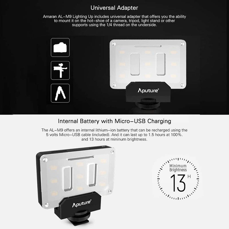 Aputure Amaran AL-M9 LED Light Built in Battery Pockable Mini TLCI/CRI 95+ On-Camera Video Lights 9pcs SMD Lighting for DSLR Camera