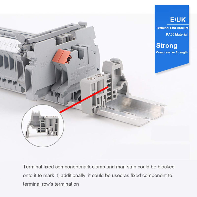 Erayco DIN Rail Terminal Blocks Kit, 20Pcs UK5N 10 AWG Terminal Blocks, 2Pcs Ground Blocks, 2Pcs FBI-10-6 Terminal Fixed Bridge, 4Pcs E/UK End Brackets, 2Pcs D-UK3/10 End Covers, 1Pcs 8" aluminum RoHS