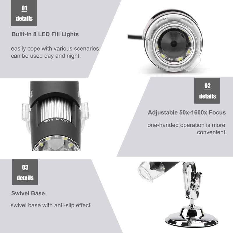 USB Digital Microscope, 2MP 50X-1600X USB 2.0 Portable Electronic Microscope Camera, with 8 Adjustable LED Lights, for Win10/8/7/Vista/XP