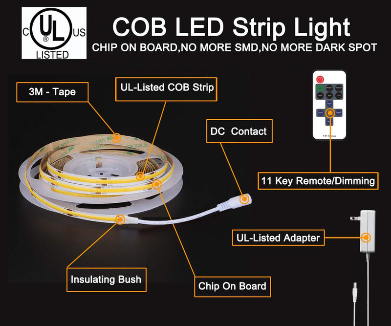 [AUSTRALIA] - LED Strip Lights, 3m/9.84ft Cob led Strip Light Kit UL-Listed, 528LEDs/M 4000K 2600Lm Flexible LED Rope Light with RF Remote & DC24V Adapter, Tape Lights for Office Bedroom, Home, Kitchen, Cabinet 3m-528Leds/m-4000K-kit 