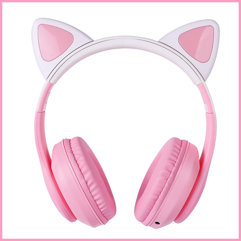 HOYJACY Cat Ear Kids Bluetooth Headphones for Girls Children Teens, LED Light Up Wireless/Wired Mode Foldable Stereo Girls Headphones with Built-in Mic for School Birthday Xmas Gift (Pink) Pink