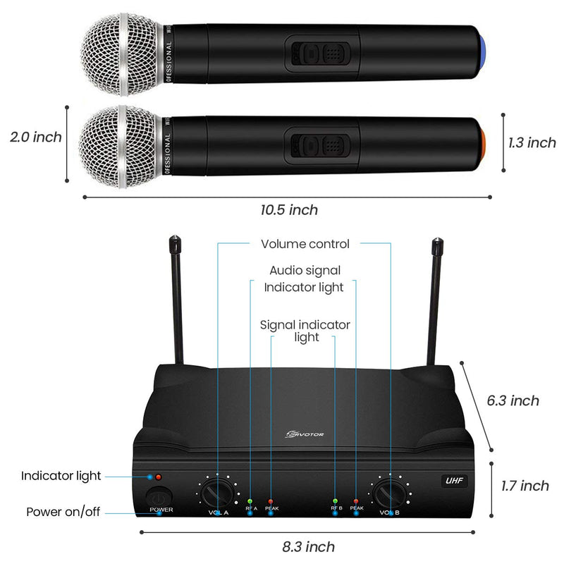 UHF Wireless Microphone System, EIVOTOR Dual Channel Handheld Wireless Microphone with Professional Karaoke Receiver and 2 Handheld Dynamic Mics Set, for Home Party, KTV, Meeting, Wedding, Church UHF