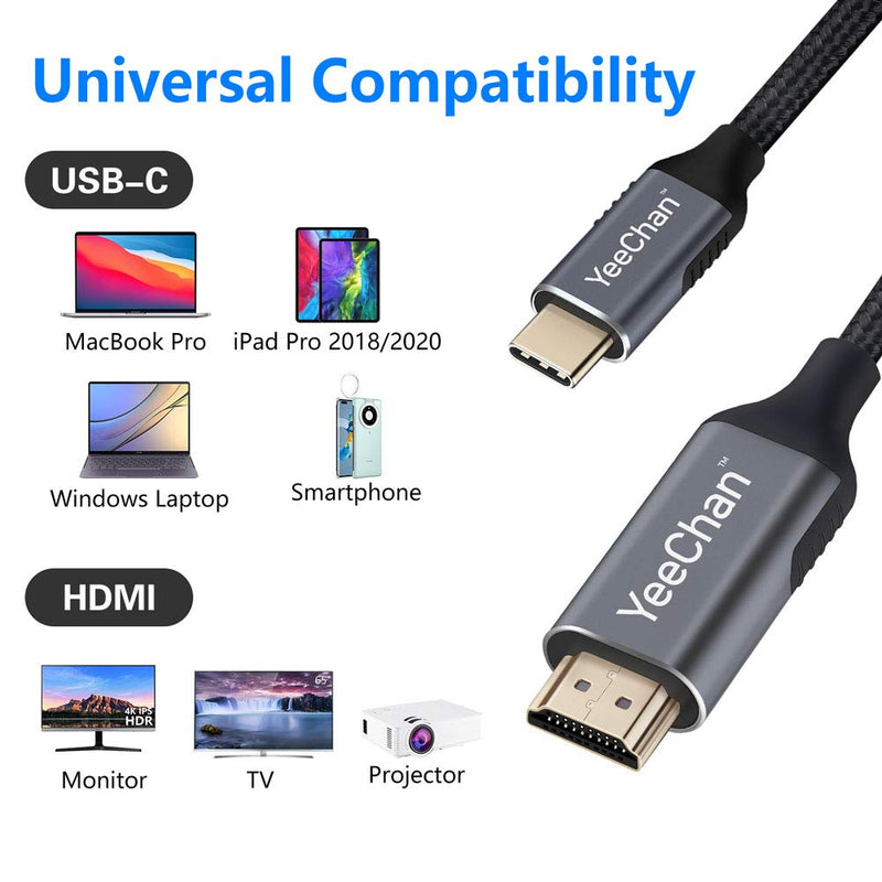 USB C to HDMI Cable Adapter 6ft, YeeChan (Thunderbolt 3 Compatible) Type C to HDMI Cable 4K 60Hz for MacBook Pro 2020, iPad Pro 2020, Samsung Galaxy S20/ S10, Dell XPS 13/15, Chromebook, and More