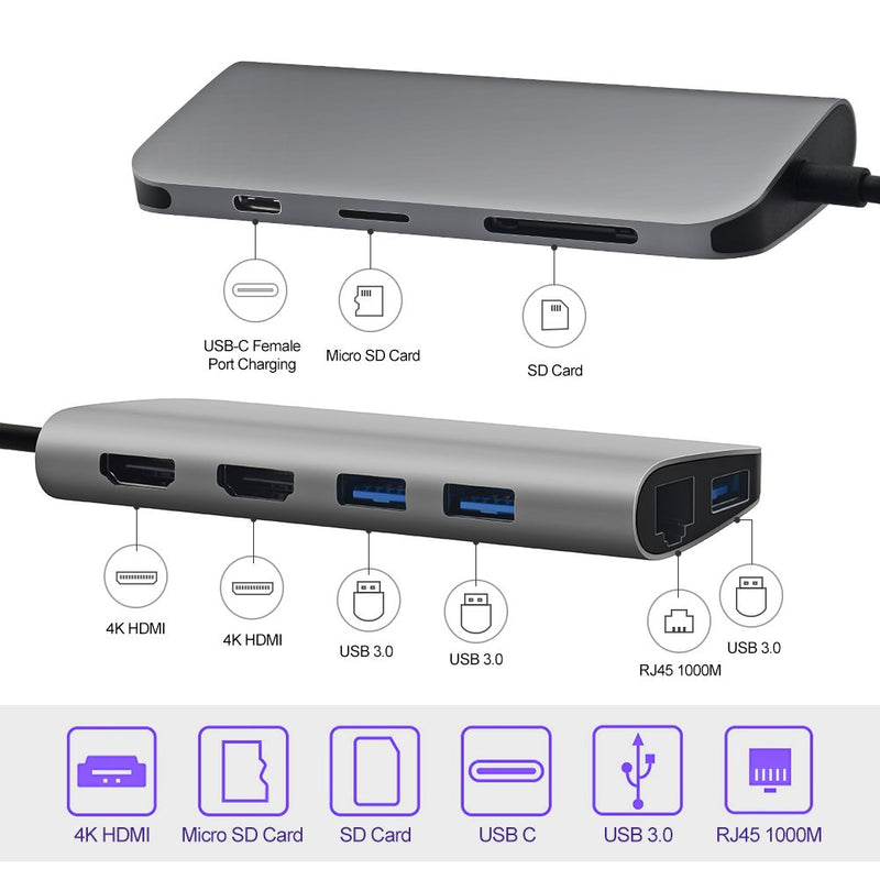 Ansbell USB C Hub Ethernet - 9 in 1 Multiport Portable Aluminum Adapter for MacBook Pro / Chromebook / XPS Charging with 4K Dual HDMI | 3 USB 3.0 | SD/TF Card Reader | 87W Power Delivery | Android Gray