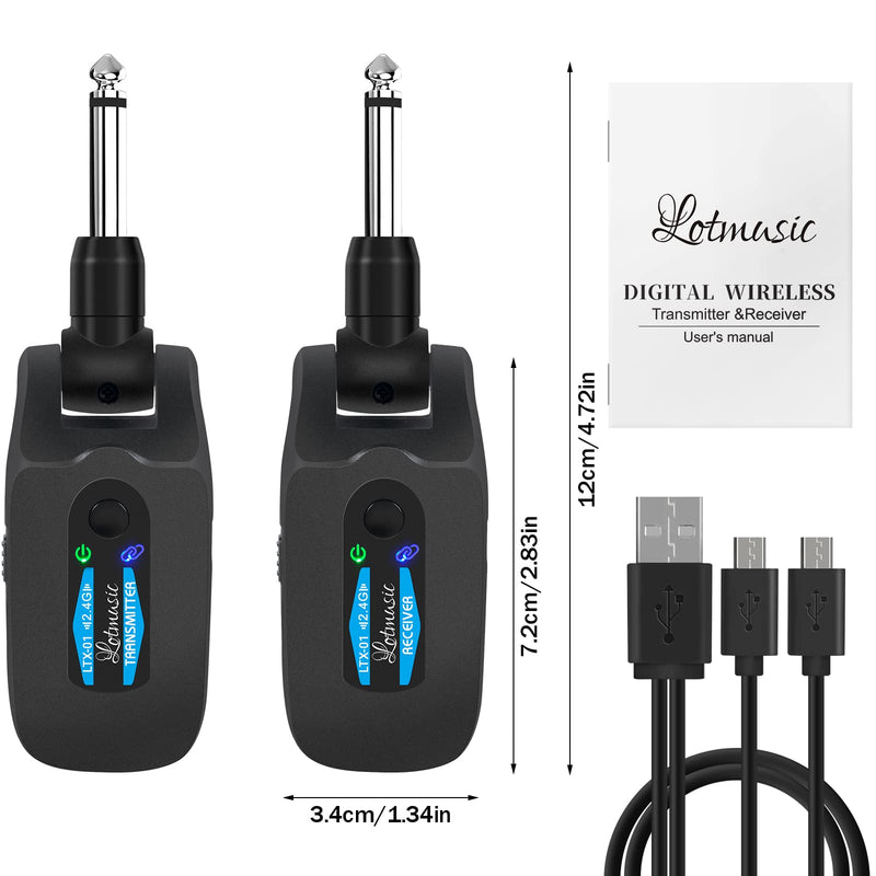 2.4GHZ Wireless Guitar System, Rechargeable Digital Wireless Guitar Transmitter Receiver with 4 Channels and Over 10 Hours Long Battery Life for Electric Guitar Bass Blue