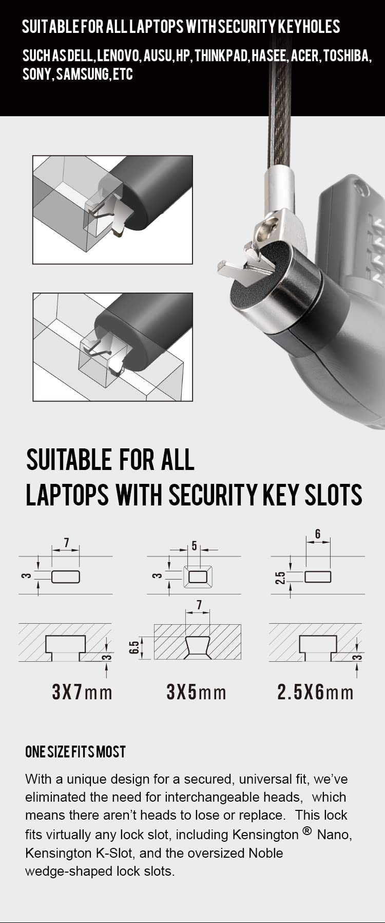 Laptop Lock Universal Laptop Cable Lock Combination Computer Lock Compatible with HP Samsung DELL Slot