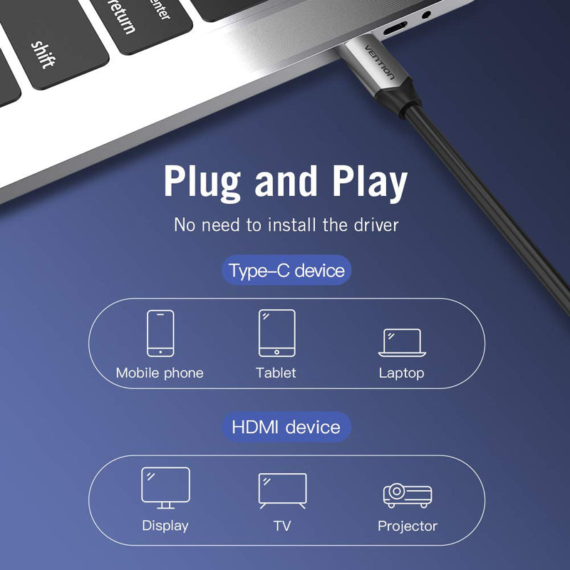 USB C to HDMI Cable for Home Office, Vention USB Type-c to HDMI Cable 4K@60Hz [Thunderbolt 3 Compatible] for MacBook Pro 2020/2019, MacBook Air/iPad Pro 2020, Surface Book 2,and More（4.5FT） 4.5FT/1.5M