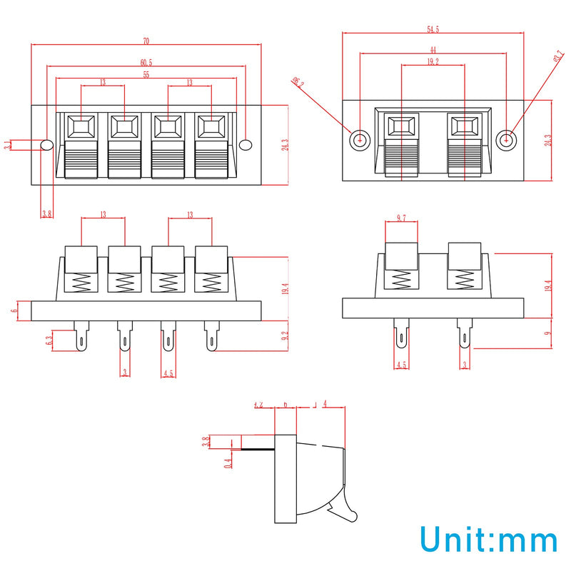 YUKIHALU High Current 8A capacity, 2 Way Stereo Speaker Terminal Connectors Terminal Strip Block Spring Clips Jointing Clamp Test Clip Push Release Connector (Pack of 8) 2-ways