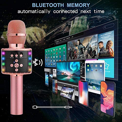 BONAOK Wireless Bluetooth Karaoke Wireless Microphone with Controllable LED Lights, Portable Karaoke Machine Speaker Birthday Gift Party Travel Toy for iPhone, for iPad, for Android, PC (Rose Gold) Rose Gold