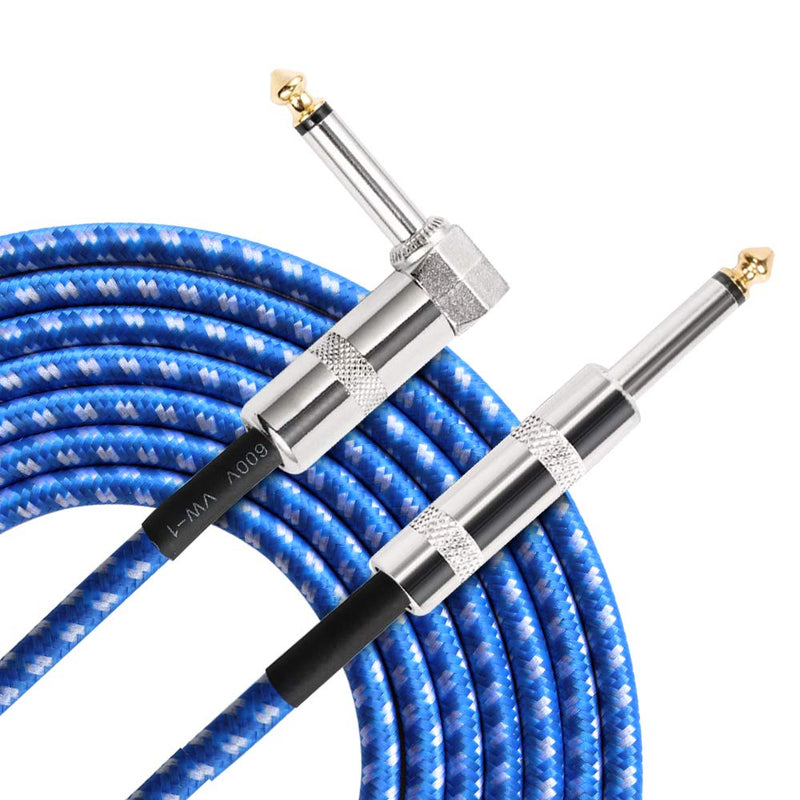 [AUSTRALIA] - Instrument Cable 10 ft Guitar Instrument Cable - Right Angle 1/4-Inch to Straight 1/4-Inch 10 FT Blue White Tweed Cloth Jacket for Electric Guitar, bass Guitar, Electric Mandolin, pro-Audio 10FT 