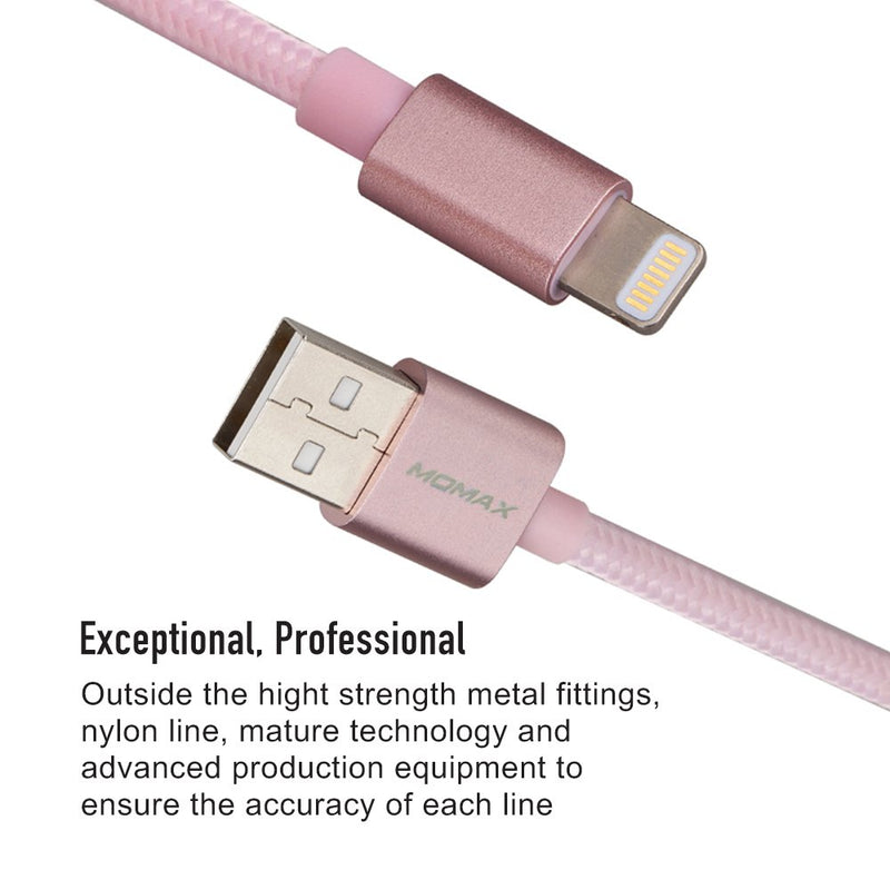 3.3ft Woven Lightning Cable, MOMAX MFi Certified 1m 2.4A Fast Charging Woven Braid Lightning to USB Cable Compatible with iPhone 12/12 Pro/12 Pro Max/11/11 Pro/X/XS/8 Plus/iPad/Airpods (Rose Gold) Rose Gold