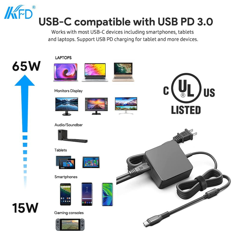 KFD 20V 65W 61W 45W USB-C Adapter Power Supply for MacBook Pro 16 15 14 13 MacBook Air,iPad Air/Pro,Wacom ACK4281401,Acer Samsung Asus Dell XPS Chromebook Microsoft Lenovo Thinkpad HP Type-C Charger