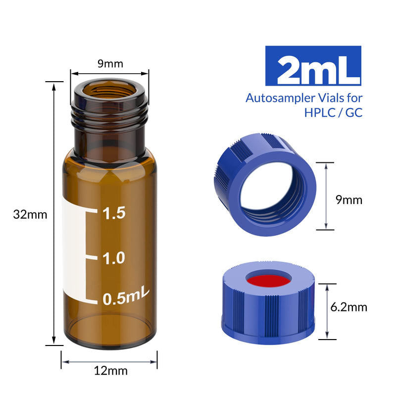 Autosampler Vials, Membrane Solutions 2ml HPLC Vials, 9-425 Lab Amber Vials with Write-on Spot and Graduations, 9mm Blue ABS Screw Caps & Septa for GC Sample Vials, 100 Pcs 100pcs Amber Vial & White PTFE septa