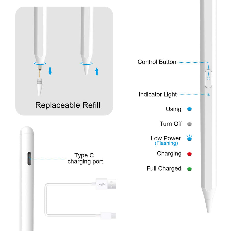 Active Pencil for iPad 8th Generation，Stylus Pen with Palm Rejection and Tilt Technology, Compatible with iPad Pro (11/12.9 Inch),iPad 6th/7th Gen,iPad Mini 5th Gen,iPad Air 4th Gen (White) White