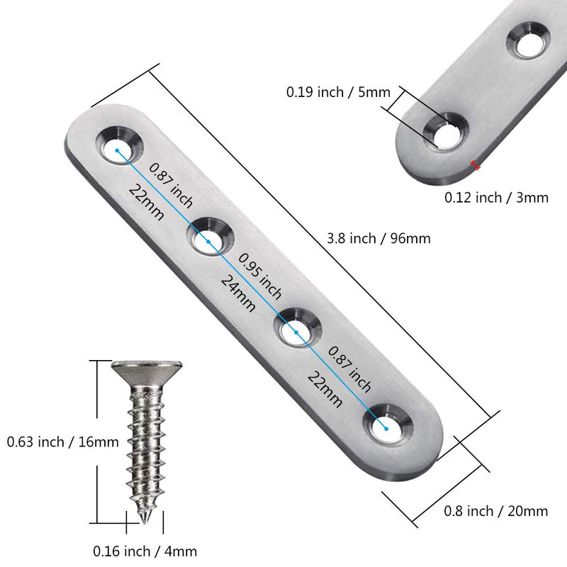 YEWLACA 8 Pack Flat Straight Brace Brackets 4 Inch Stainless Steel Mending Plates Repair Fixing Brackets Heavy Duty Straight Repair Joining Plates with Screws 4 Inch (8 pack)