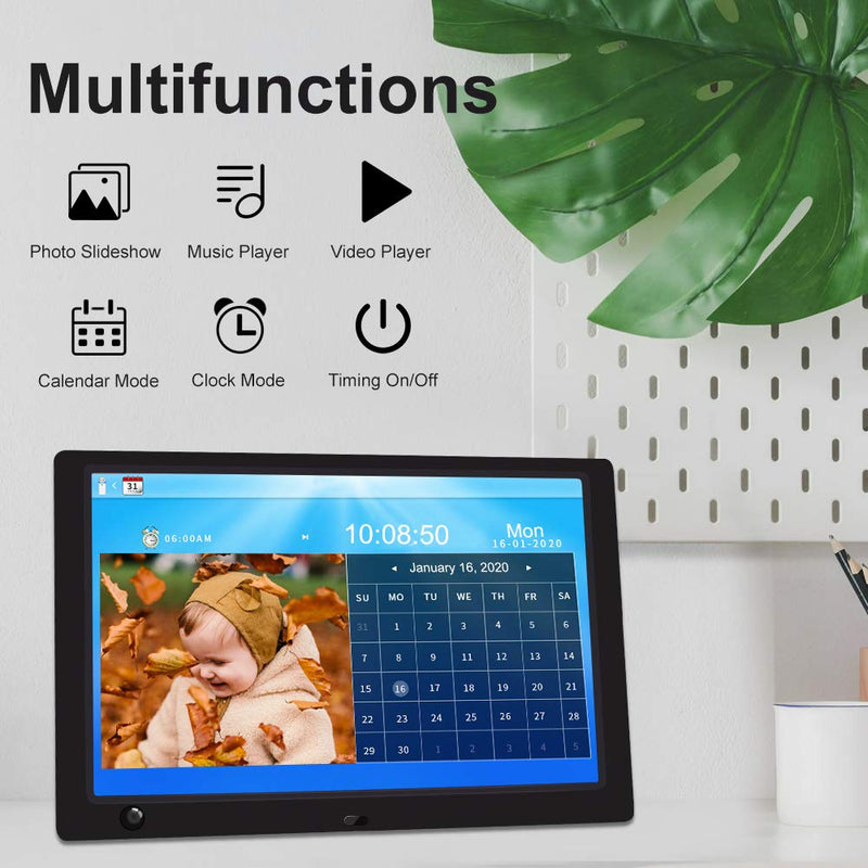 WayGoal 10 Inch Digital Picture Frame + 16GB USB Flash Drive, 1920x1080 Full HD IPS Screen With Motion Sensor, Electronic Photo Frame Display 1080P Video via USB, SD Card, With Remote Control - Black