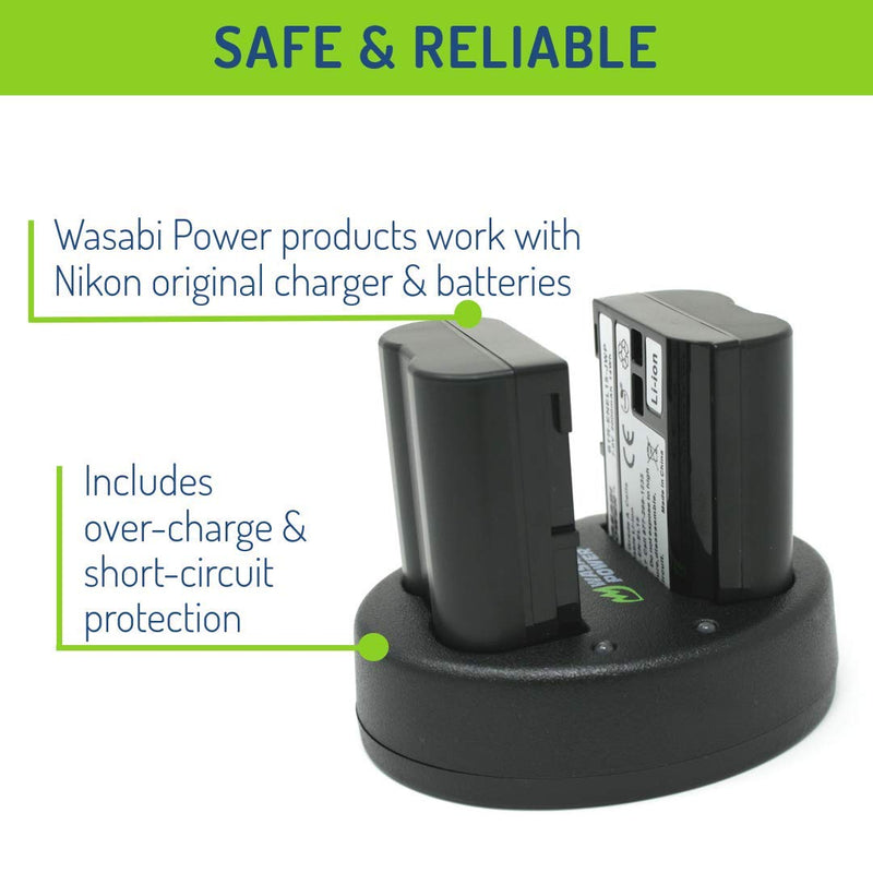 Wasabi Power Battery 2-Pack, Dual Charger for Nikon EN-EL15, EN-EL15b, EN-EL15c & D500, D600, D610, D750, D780, D800, D800E, D810, D810A, D850, D7000, D7100, D7200, D7500, Z5, Z6, Z6II, Z7, Z7II, 1 V1