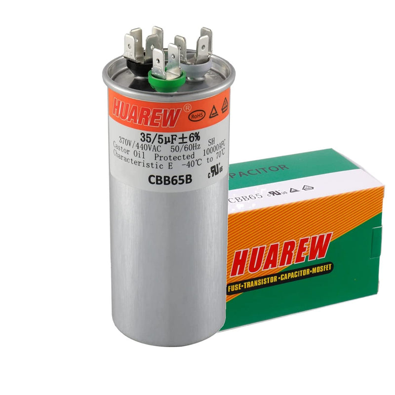 HUAREW 35+5 uF ±6% 35/5 MFD 370/440 VAC CBB65 Dual Run Start Round Capacitor for Condenser Straight Cool or Heat Pump Air Conditioner or AC Motor and Fan Starting