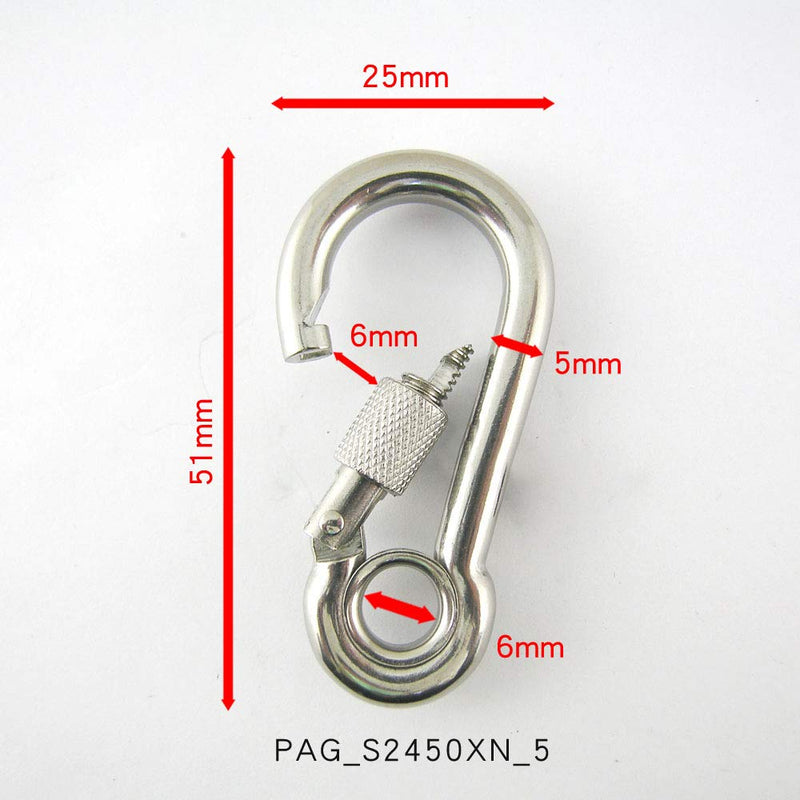PROTEUS Stainless Steel Spring Snap Hook, Link, Hook, Clip, Carabiner with Eyelet and Screw Lock, Pack of 5 2" (5CM)