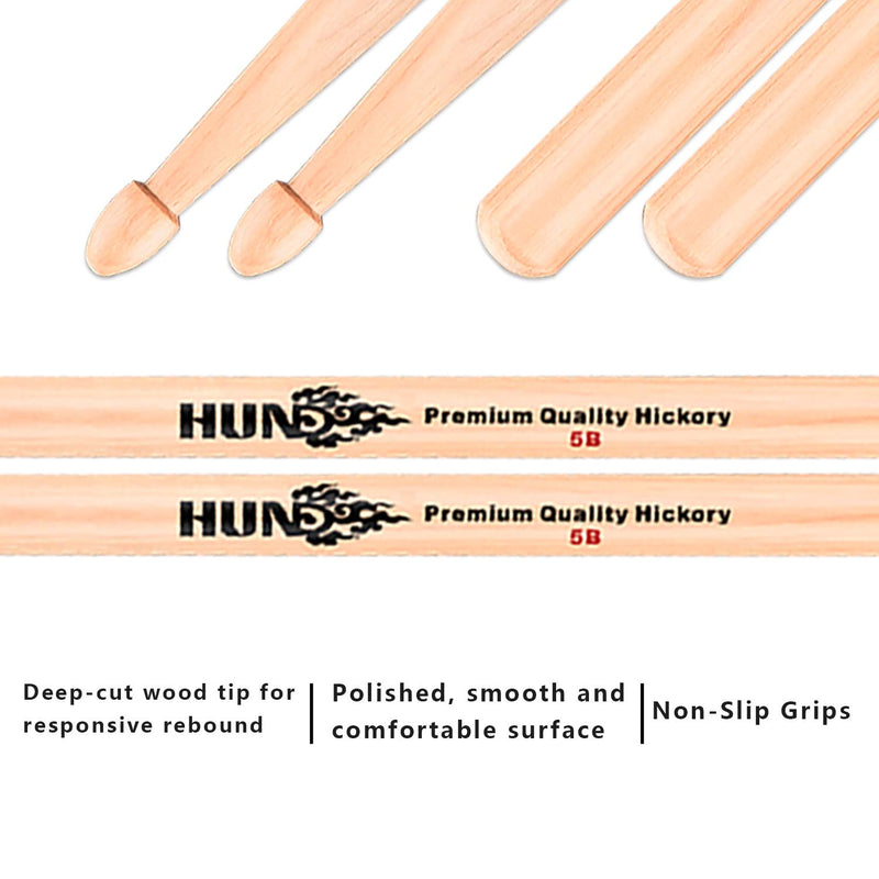 HUN Drumsticks, 5B American Hickory Drum Sticks,Teardrop Wood Tip,Snare Drum Sticks for Professional Drummers,2 Pairs 5B-2Pairs hickory Natural