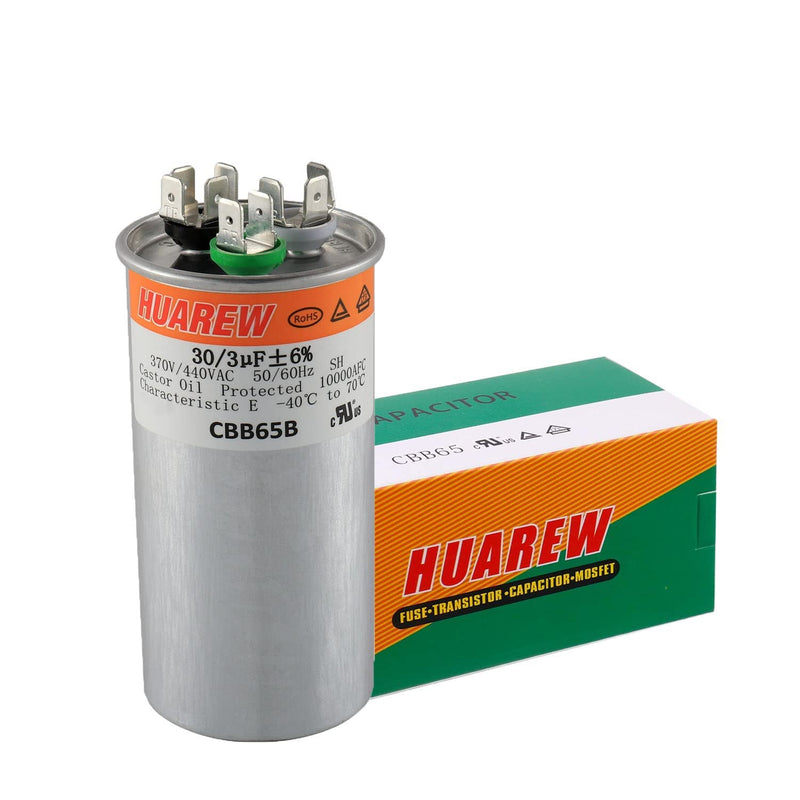 HUAREW 30+3 uF ±6% 30/3 MFD 370/440 VAC CBB65 Dual Run Start Round Capacitor for Condenser Straight Cool or Heat Pump Air Conditioner or AC Motor and Fan Starting
