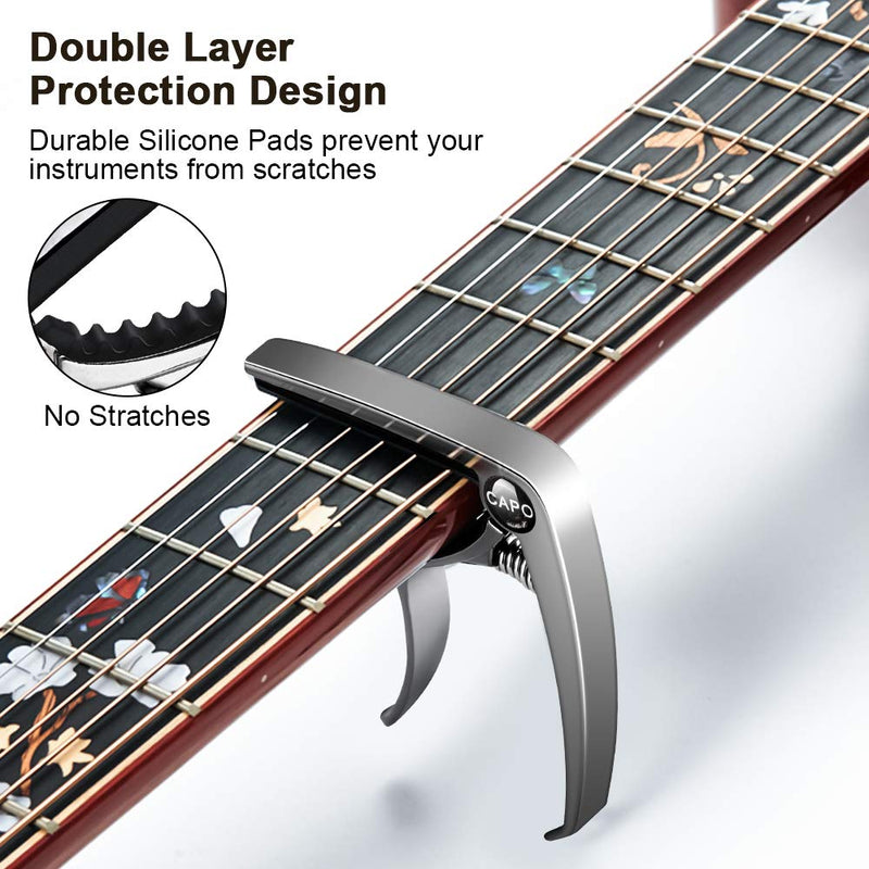 Olycism Guitar Capo for Acoustic Electric Guitar Classical Ukulele with 5 Guitar Picks of 0.46mm thickness & Picks Holder & Guitar Bridge Pin Puller Silver