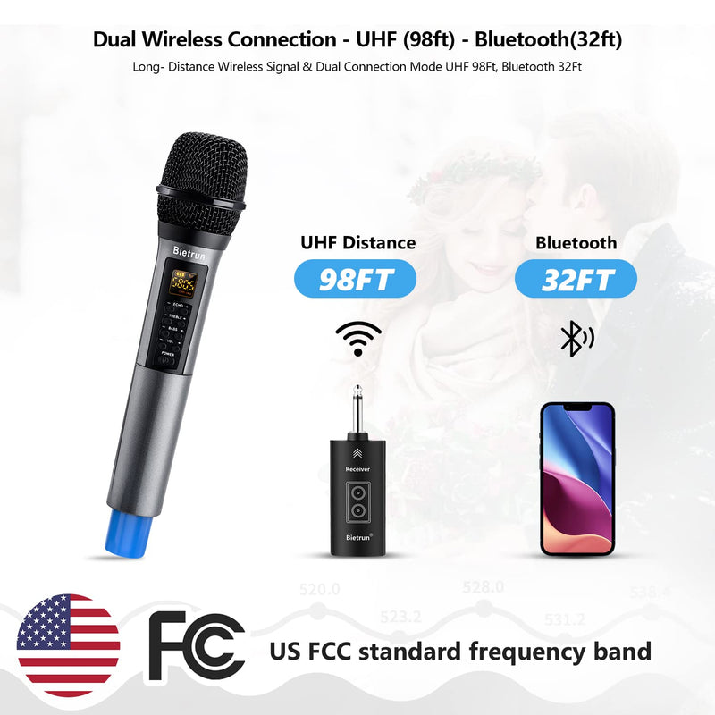 Bietrun Wireless Microphone with Echo, Treble, Bass & Bluetooth, 98 FT Range, Portable UHF Handheld Dynamic Microphone with Rechargeable Receiver, for Karaoke, Speaker, Amplifier, PA System