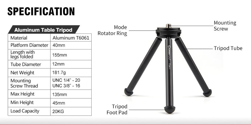 SunwayFoto T1A11-II Aluminum TableTop Tripod