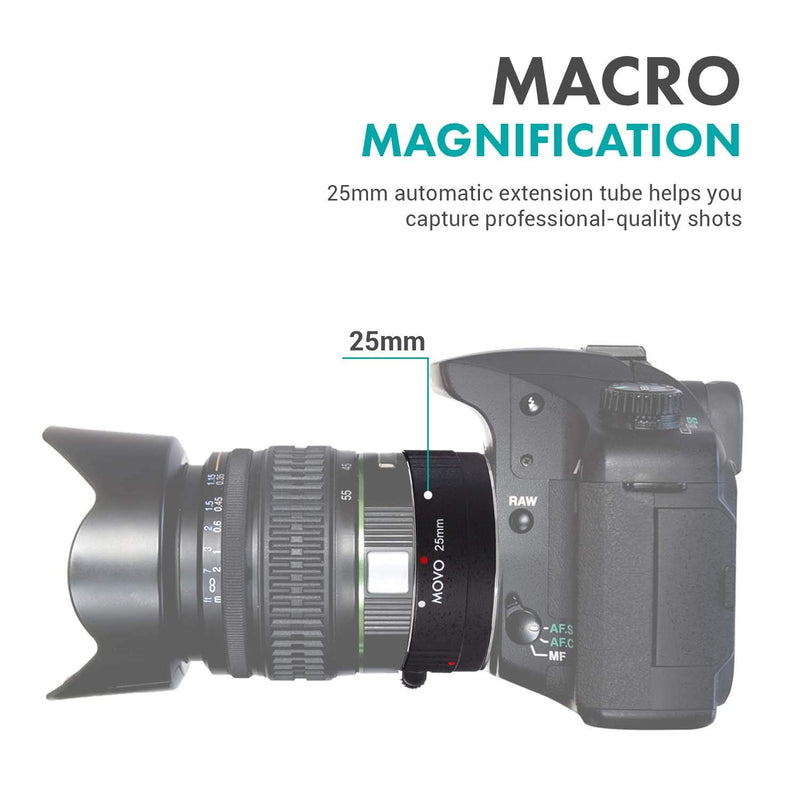 Movo MT-N25 25mm AF Chrome Macro Extension Tube for Nikon Mount DSLR Camera, Nikkor Lens System
