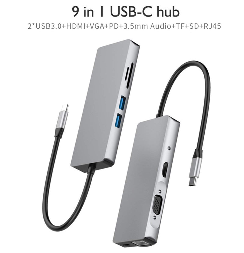 USB C hub Adapter, BEST CABLE USB C 9in1 Multi-Function Extension Hub - USB C to HDMI+Gigabit Ethernet RJ45+2USB3.0+VGA+PD+SD/TF Card+3.5mmAudio,Compatible with MacBook,Samsung,and More…