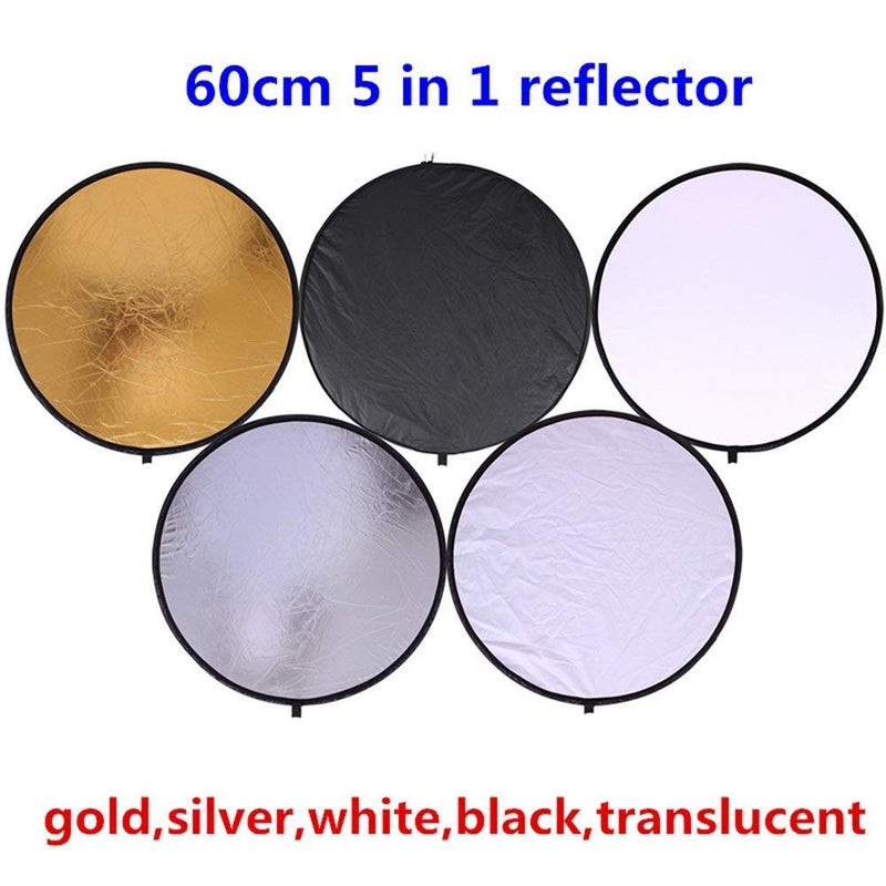 24" (60cm) 5-in-1 Portable Collapsible Multi-Disc Photography Light Photo Reflector for Studio/Outdoor Lighting with Bag - Translucent, Silver, Gold, White and Black 24inch 5in1