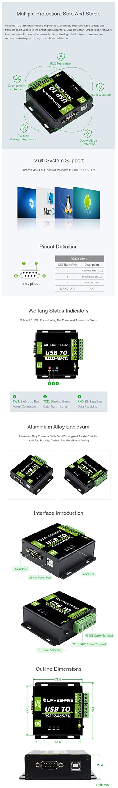 [AUSTRALIA] - Coolwell Waveshare USB to RS232/485/TTL Converter Onboard FT232RL Industrial Grade USB to RS232 Converter Support Mac Linux Android Windows 11/10 / 8.1/8 / 7 