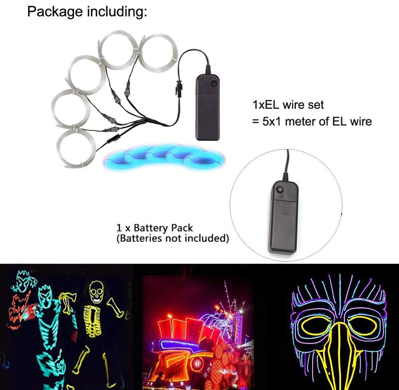 [AUSTRALIA] - Ice Blue EL Wire, MaxLax Noise Reduction Neon Lights Wire 5 in 1 Meter, Electroluminescent Wire for Halloween, Christmas Party, DIY Decoration Ice Blue 