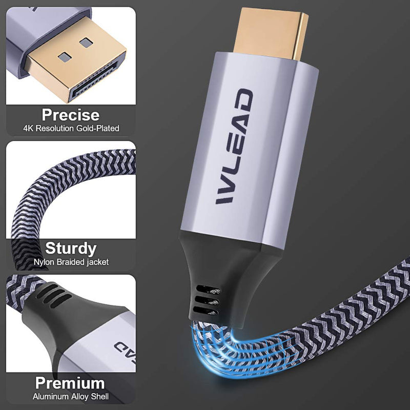 4K High Speed DisplayPort to HDMI Cable 3.3FT,WLEAD UHD Nylon Braided Gold-Plated DP to HDMI Uni-Directional Cord Display Port to HDMI Male Connector 3.3 feet