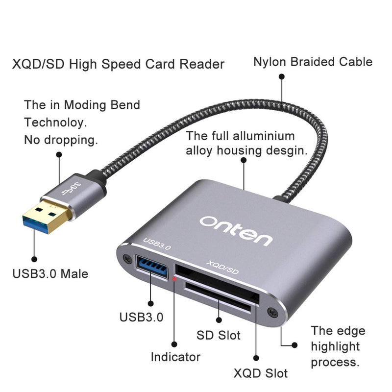 XQD Card Reader, ONTEN USB3.0 XQD/SD Card Reader, Compatible with Sony G/M Series, Lexar 2933x / 1400x USB Mark XQD Card, SD/SDHC Card for Windows/Mac OS System (Space Grey) Silver