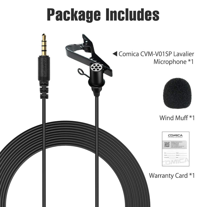 Comica CVM-V01SP Lavalier Microphone Lapel Clip-on Omnidirectional Mic, 3.5MM TRRS Connector, 2.5m/8.2ft Cable for Smartphones & Tablets for Youtube, Interview, Video Recording, Live Broadcast