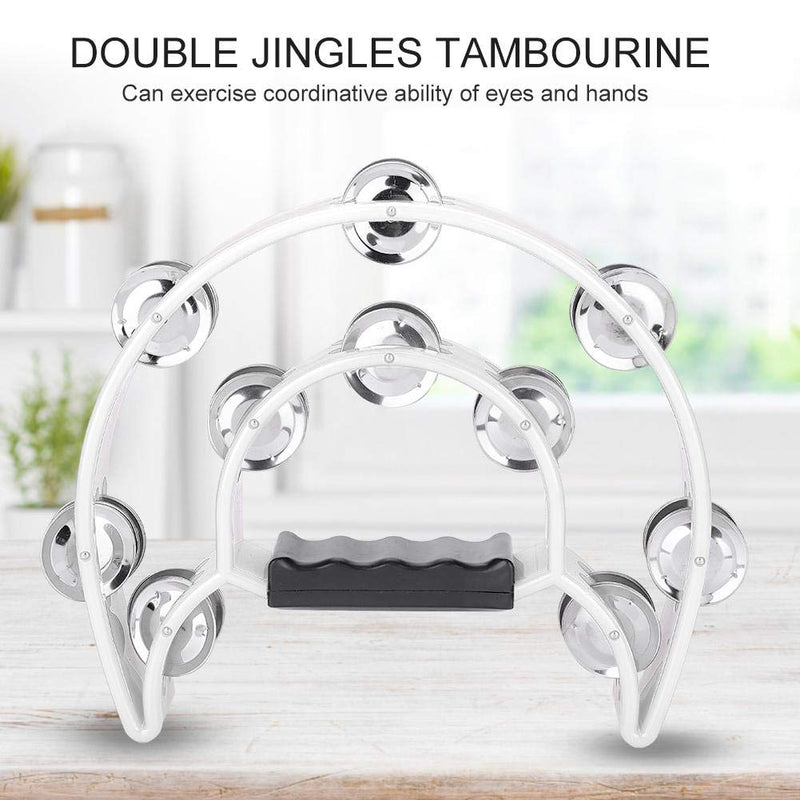 Half Moon Tambourine, Hand Tambourine Double Row Metal Jingles Hand Held Percussion Instrument for Gift KTV Party Kids Toy with Ergonomic Handle Grip White