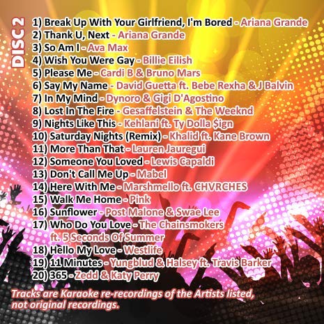KARAOKE 2019 CD+G (CDG) Disc Pack. The Top 40 Chart Pop Songs of 2019. Mr Entertainer Big Hits