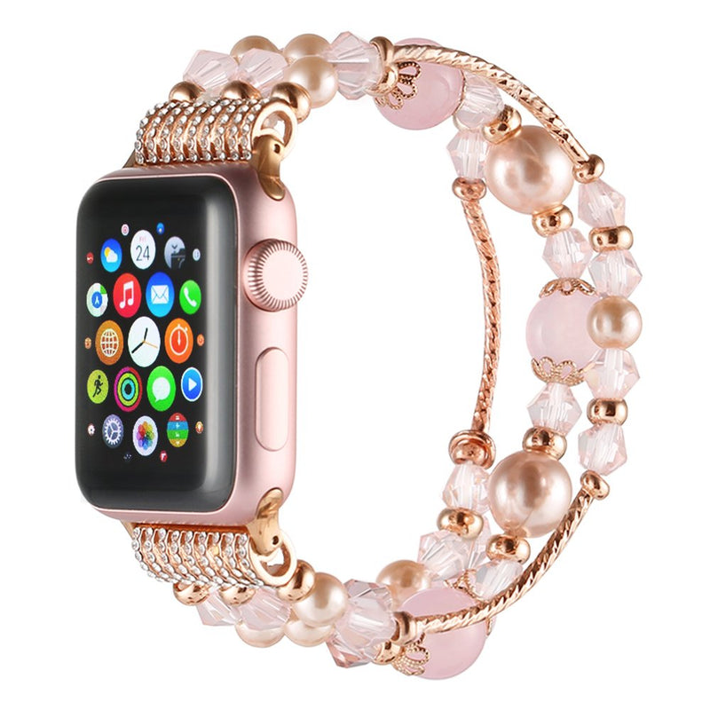 Simpeak Beaded Fashion Band Compatible with Apple Watch 38mm 40mm Series 6 SE 5 4 3 2 1, Handmade Beaded Elastic Women Bracelet Replacement for iWatch 38 40, Fixed Size 5.7-6.9, Rose Pink