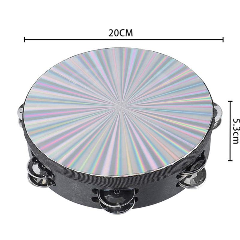 Tambourine 8 inch Radiant Hand Held Drum with Double Row Jingles Reflective Drum Musical Instrument for Church Adults KTV Party