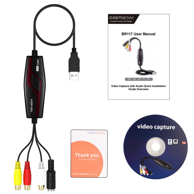 DIGITNOW USB 2.0 Video Capture Card Device Converter, Easy to Use Capture, Edit and Save Analog Video to Digital Files for Your Mac OS X or Windows 7 8 10 PC, One Touch VHS VCR TV to DVD