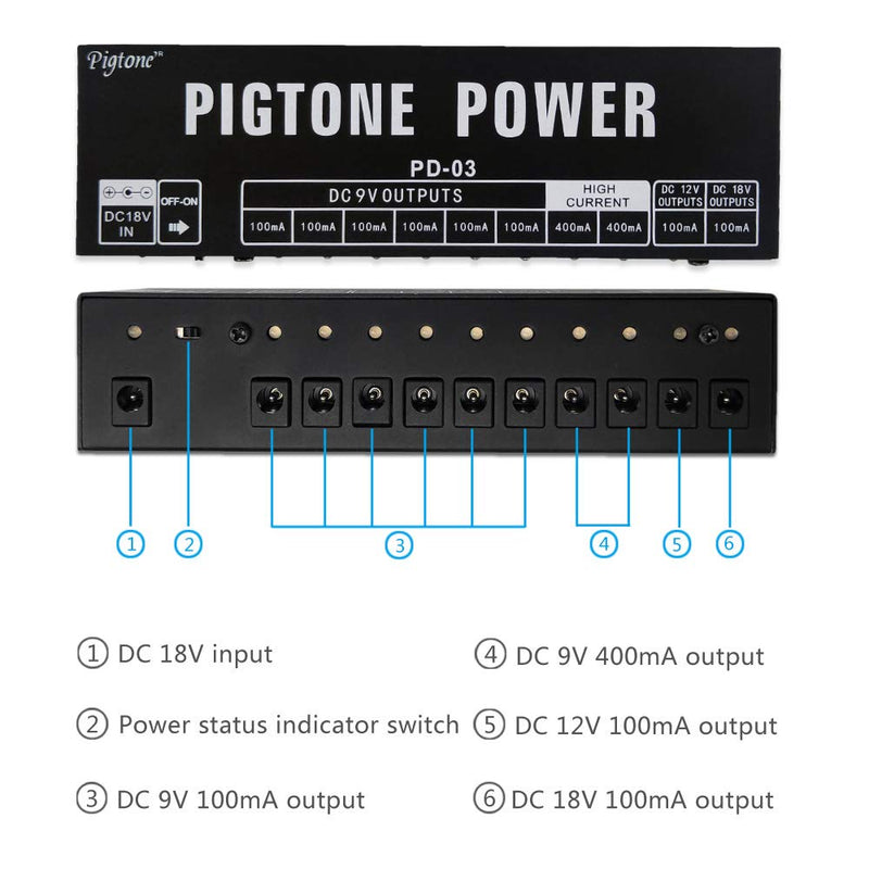 Pigtone Guitar Effect Pedal Power Supply 10 Independent DC Outputs Suitable for 9V/12V/18V 100mA 400mA Short Circuit and Over Current Protection PD-03