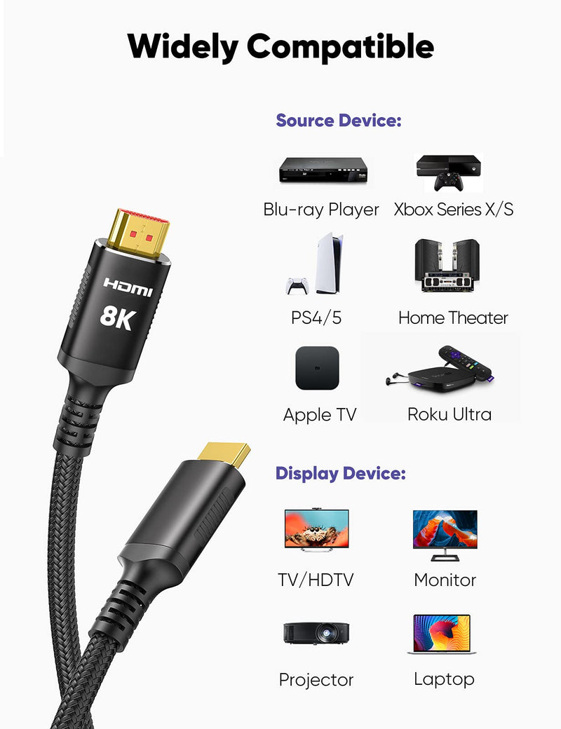 8K@60 HDMI Cable 2.1 6.6FT/2M, Snowkids 48Gbps High Speed 4K120 144Hz HDMI Cord eARC RTX 3080 3090 HDR 4:4:4 DTS: X Compatible for PS5, PS4, UHD TV and PC Black 6.6feet
