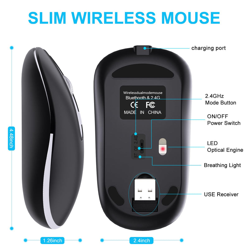 [AUSTRALIA] - HZD LED Wireless Mouse, Slim Silent Rechargeable Mouse, 2.4G Portable USB Optical Mouse with Type C Adapter, 3 Adjustable DPI Levels 1600/1200/800 Computer Mouse for Laptop,PC,MacBook,Notebook Black 