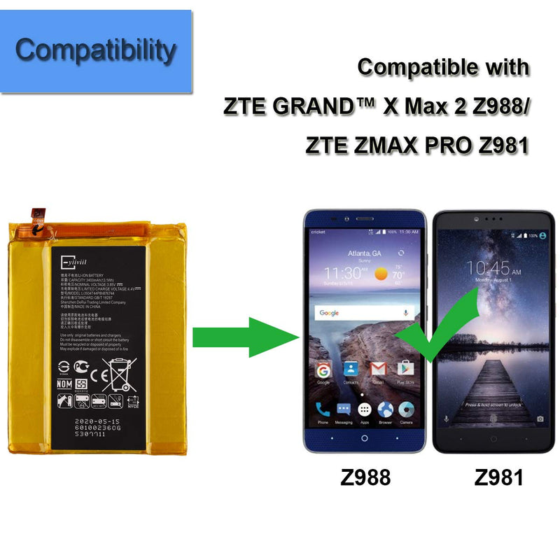 New Replacement Li-Polymer Battery Li3934t44P8h876744 Compatible with ZTE Z981 Z988 Z983 MetroPCS ZMax Pro Cricket Grand X Max 2
