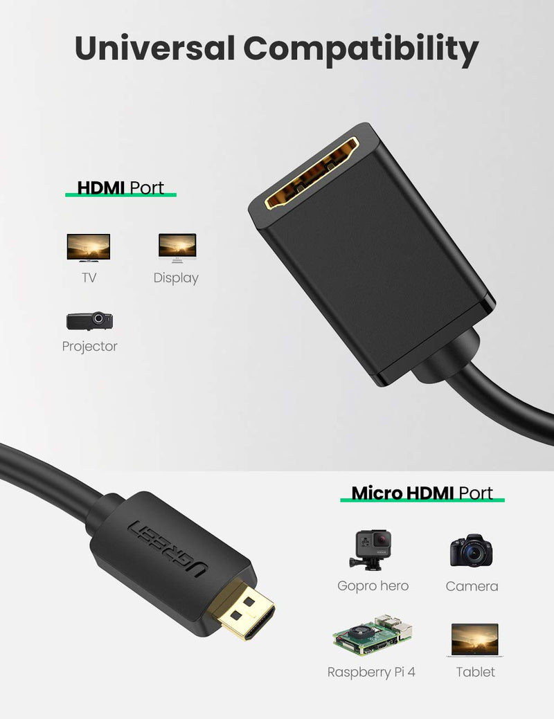[AUSTRALIA] - UGREEN Micro HDMI to HDMI Cable Male to Female with Ethernet Type D to Type A Gold Plated Support 1080P 3D 4K Compatible with GoPro Hero 7 Black 5 4 6 Raspberry Pi 4 Sony A6000 Camera Nikon B500 